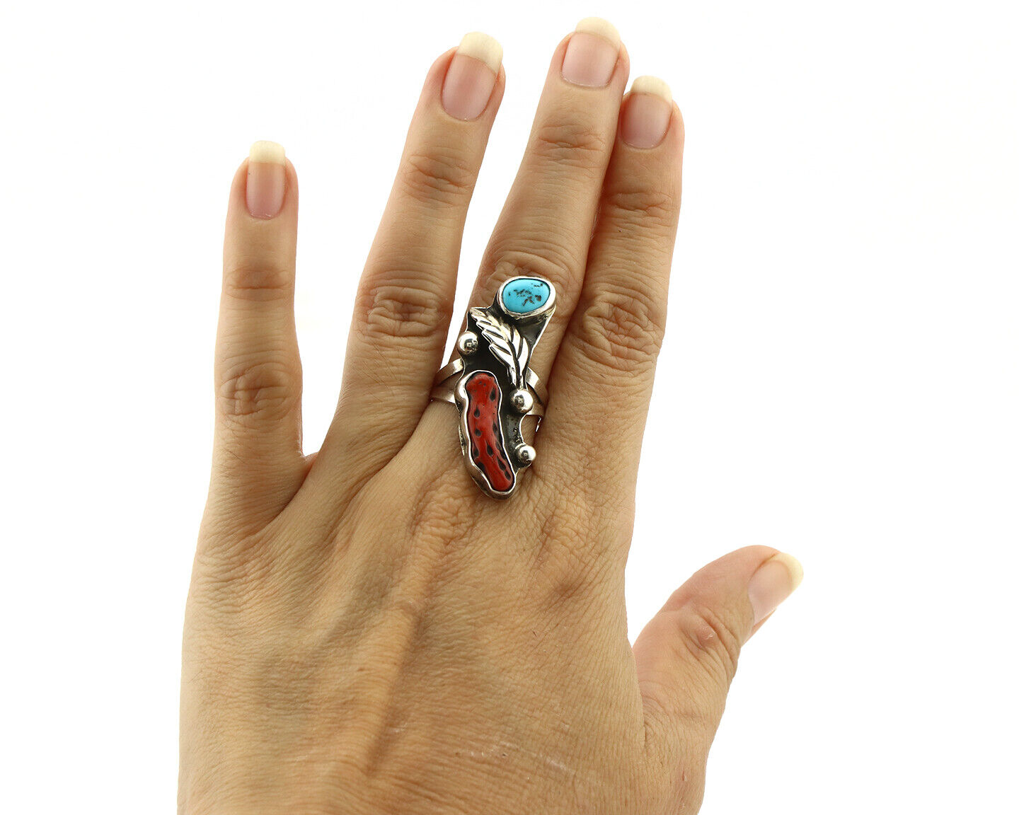 Navajo Ring 925 Silver Coral & Sleeping Beauty Turquoise Native Artist C.80's