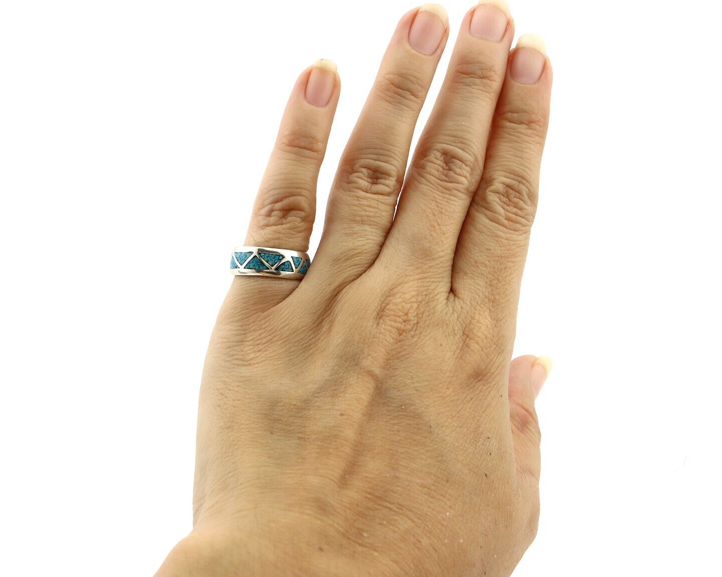 Navajo Chip Inlay Ring 925 Silver Sleeping Beauty Turquoise Artist Silver Cloud