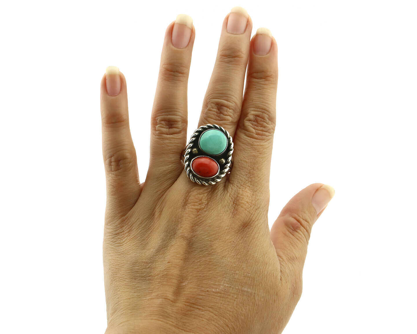 Navajo Ring 925 Silver Coral & Globe Turquoise Native American Artist C.1970's