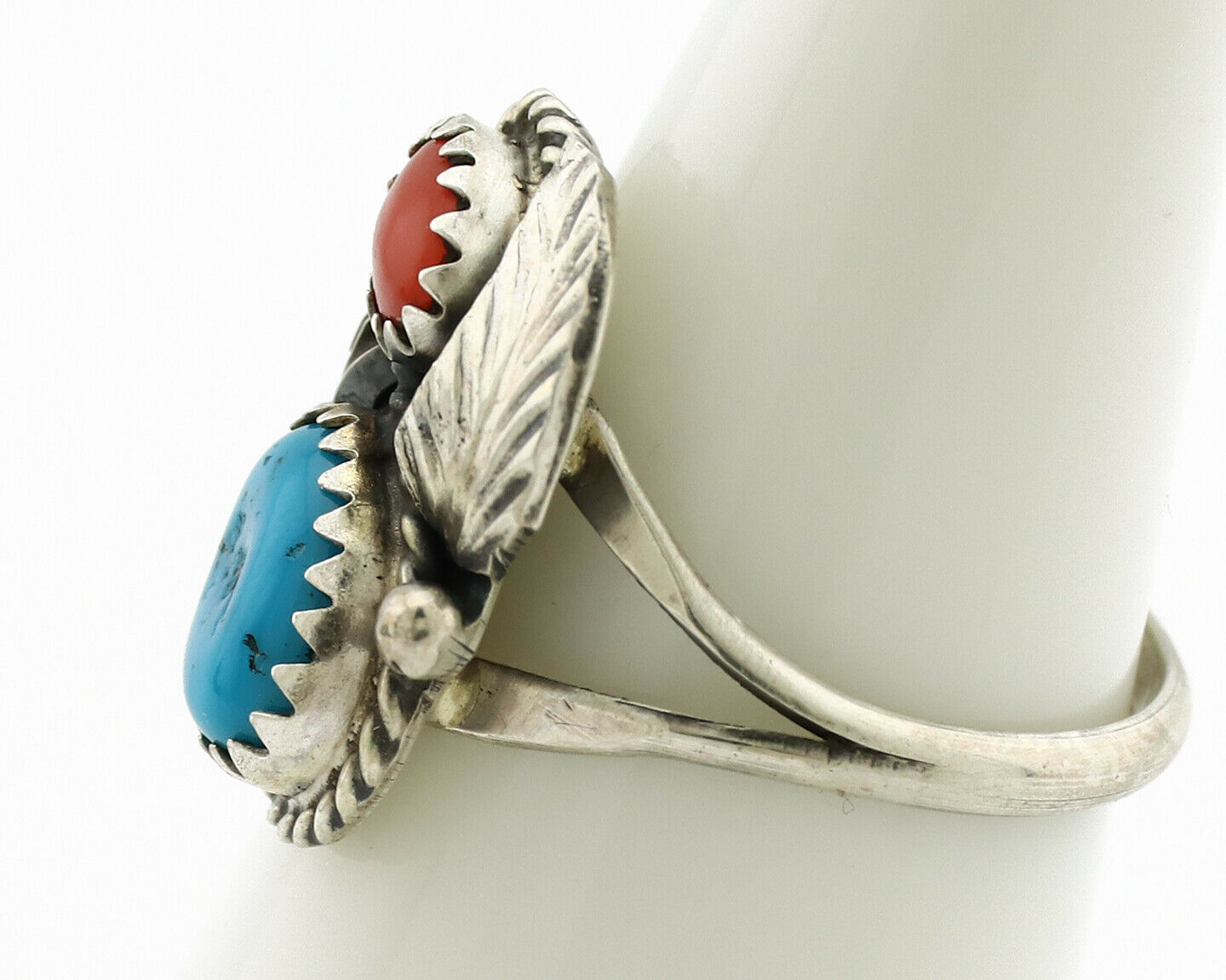 Navajo Ring .925 Silver Turquoise & Coral Artist Signed J Morris C.80's