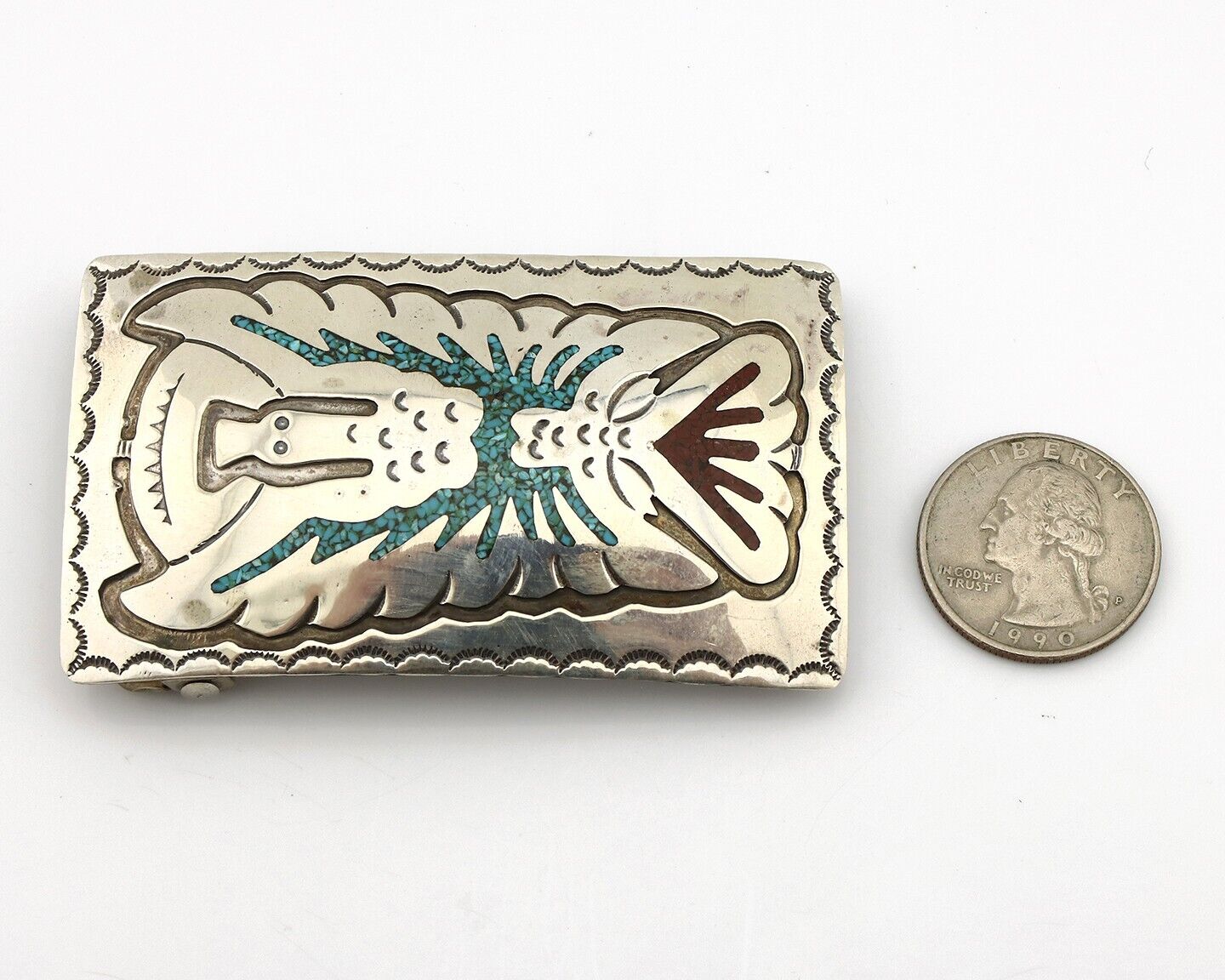 Navajo Belt Buckle 925 Silver Handmade Chip Inlay Artist Signed Begay C.80s