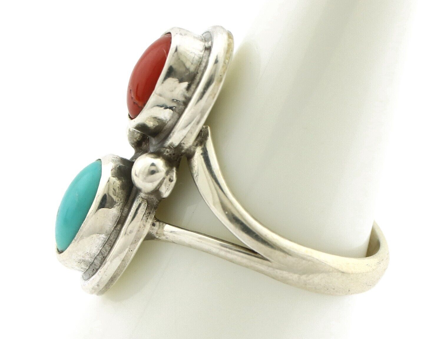 Navajo Handmade Ring 925 Silver Coral & Turquoise Native American Artist C.80's