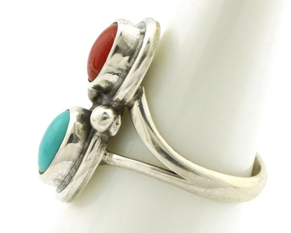 Navajo Handmade Ring 925 Silver Coral & Turquoise Native American Artist C.80's