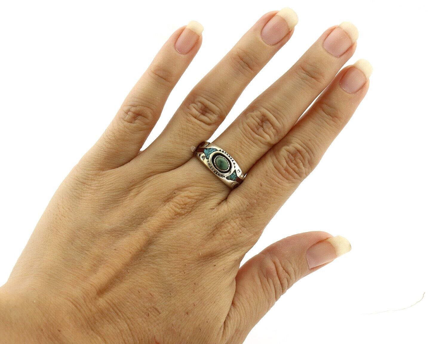 Navajo Handmade Ring 925 Silver Blue Turquoise & Coral Native American C.80's