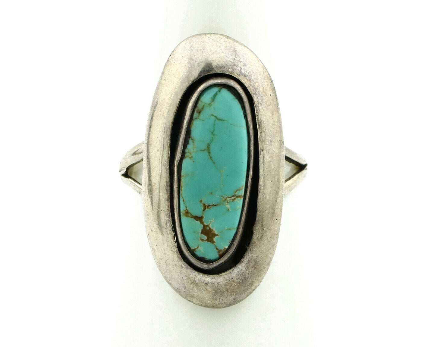Navajo Shadow Box Ring .925 Silver Kingman Turquoise Signed M Montoya C80s