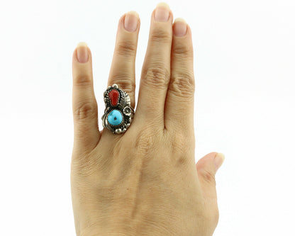 Navajo Ring .925 Silver Turquoise & Coral Artist Signed Thomas Singer C.80's