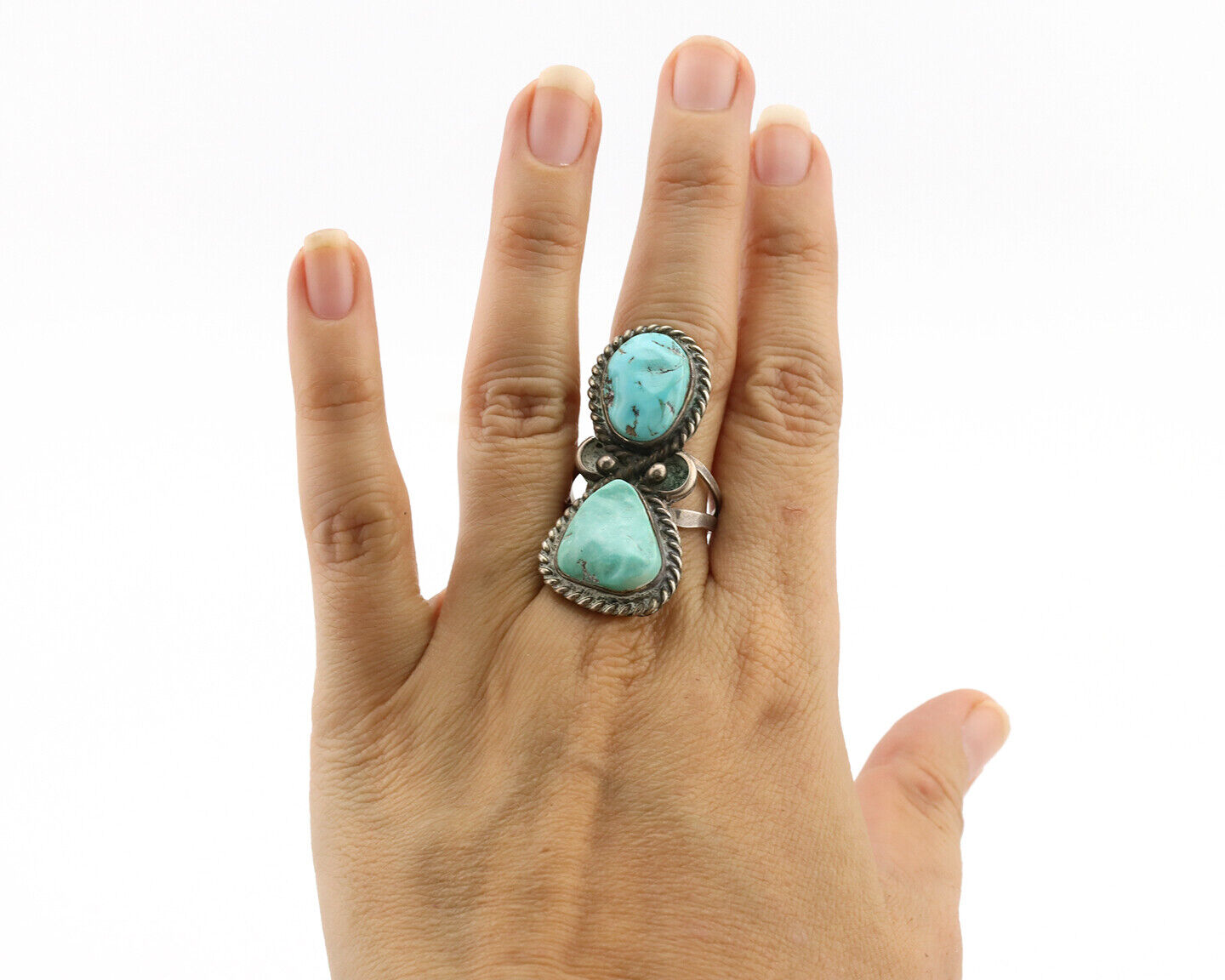 Navajo Ring .925 Silver Globe Turquoise Native American Artist C.1980's