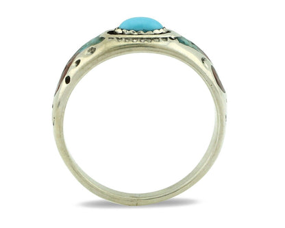 Navajo Handmade Ring 925 Silver Blue Turquoise & Coral Native American C.80's