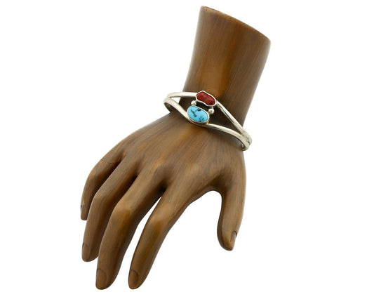 Navajo Bracelet .925 Silver Coral & Turquoise Native American C.90's