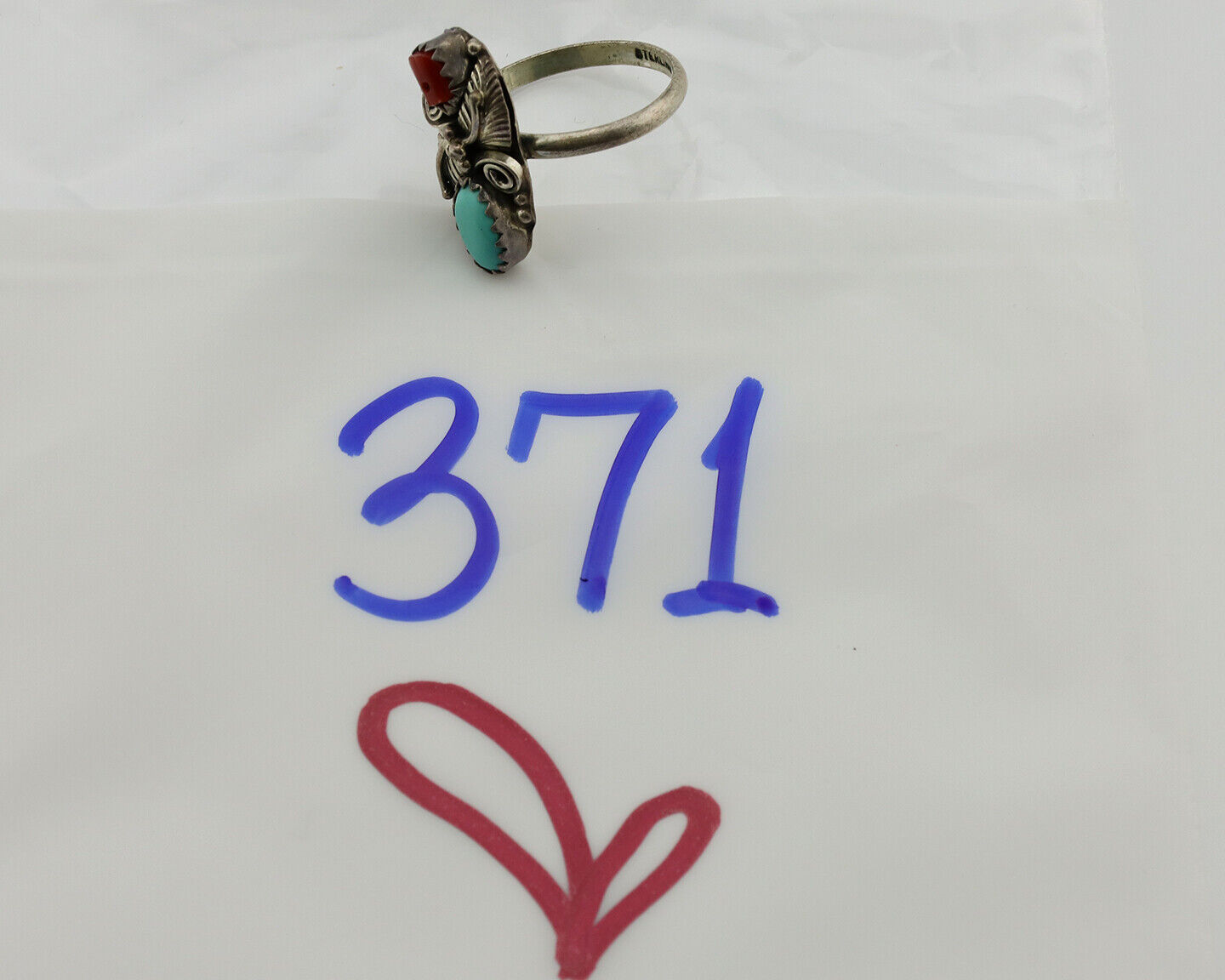 Navajo Ring 925 Silver Coral & Turquoise Handmade Native American Artist C.1980s