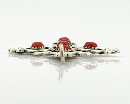 Zuni Handmade Cross Necklace 925 Silver Red Coral Artist Signed NOM? C.80's