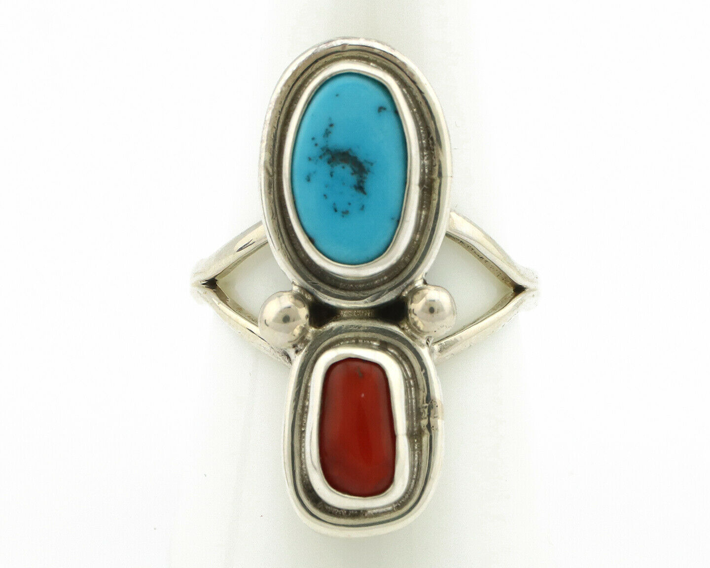 Navajo Ring .925 Silver Blue Turquoise & Red Coral Native American Artist C.80's