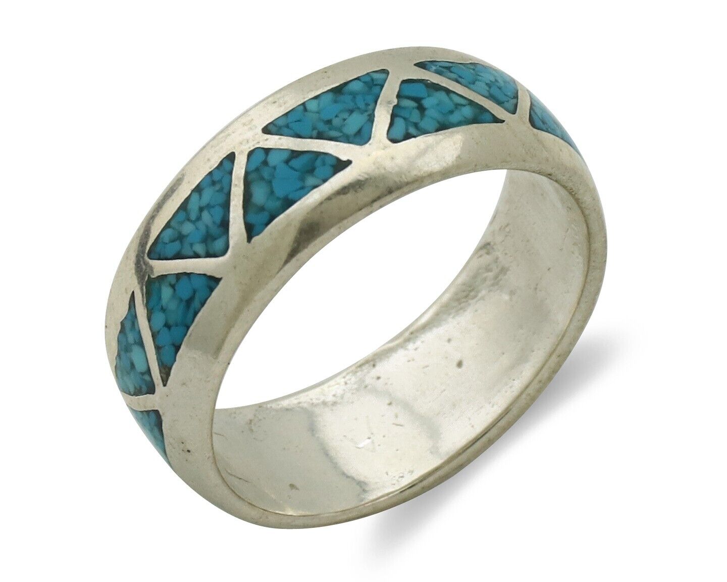 Navajo Chip Inlay Ring 925 Silver Sleeping Beauty Turquoise Artist Silver Cloud