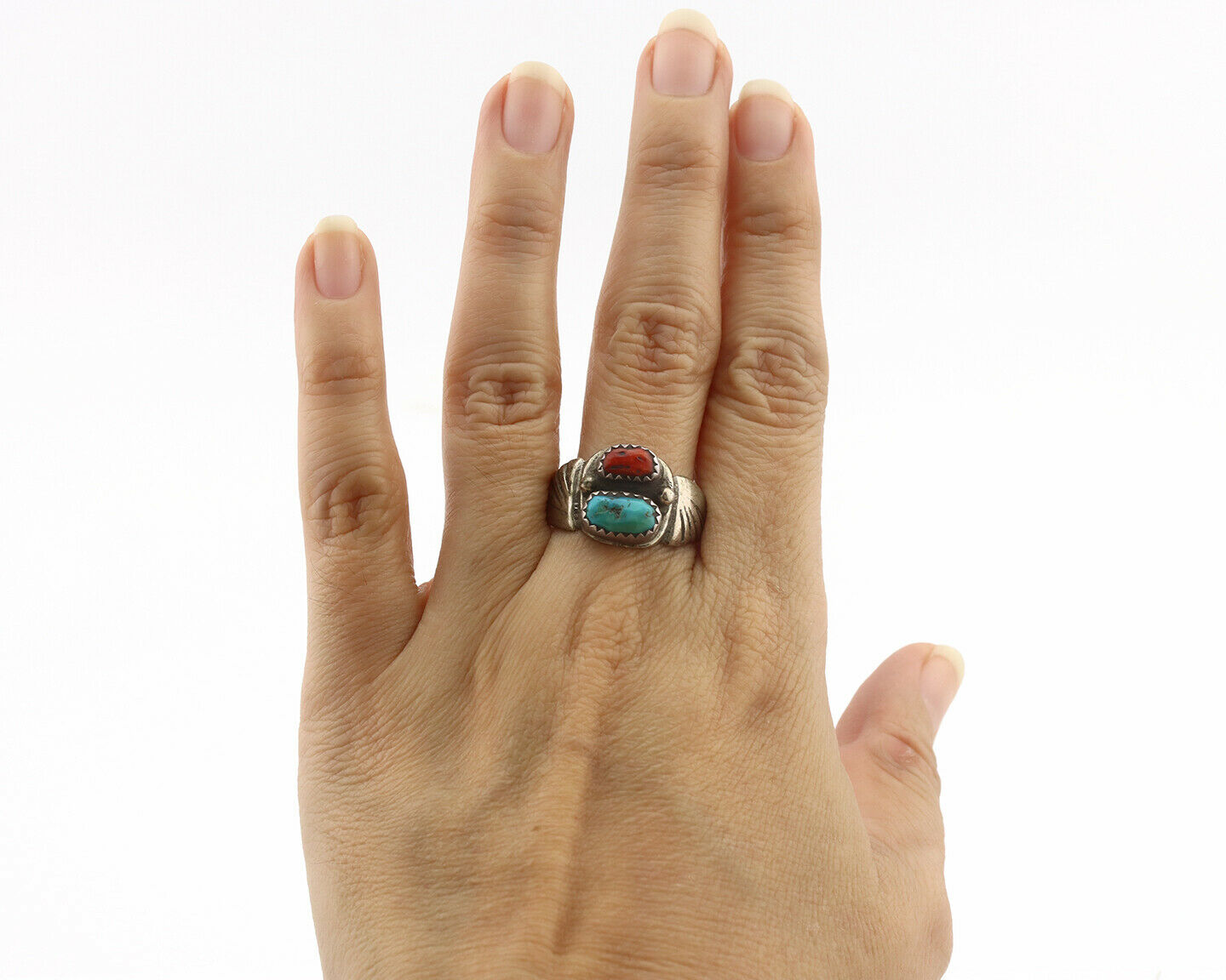 Zuni Ring .925 Silver Natural Turquoise & Coral Native American Artist C.1980's