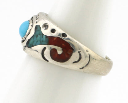 Navajo Handmade Ring 925 Silver Blue Turquoise & Coral Native American Artist
