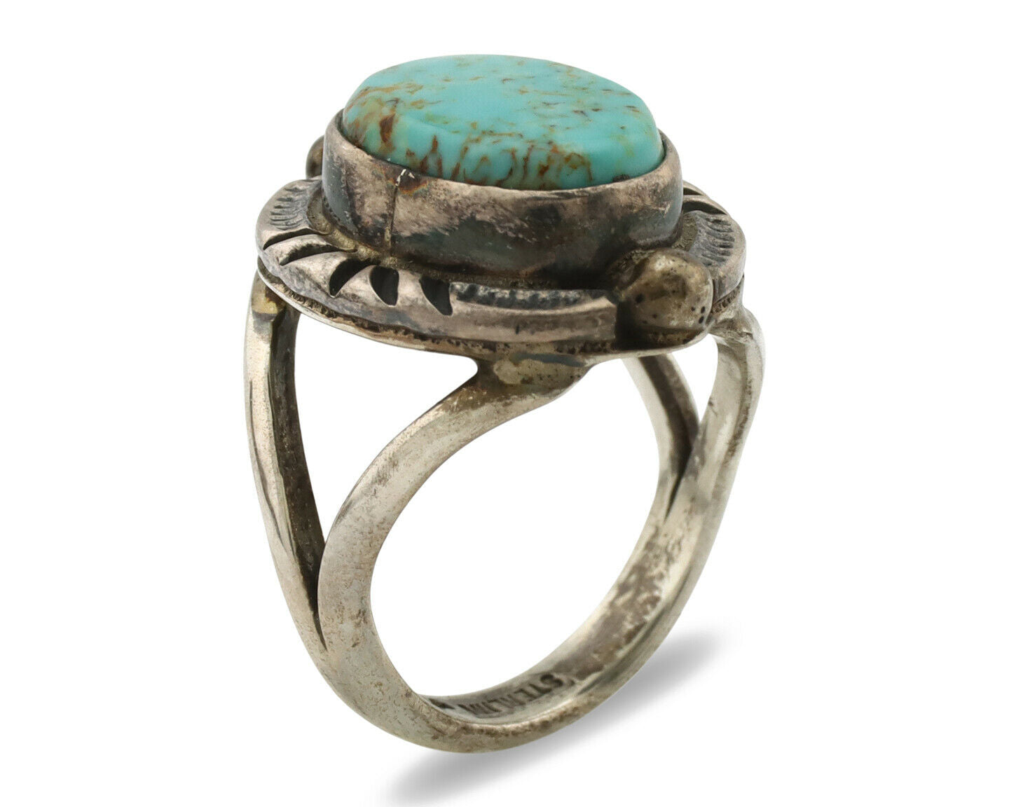 Navajo Ring .925 Silver Blue Turquoise Artist Signed Gecko C.1980's