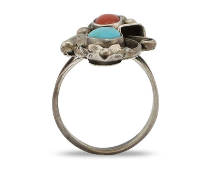 Navajo Handmade Ring 925 Silver Turquiose & Coral Artist Signed EB C.80's