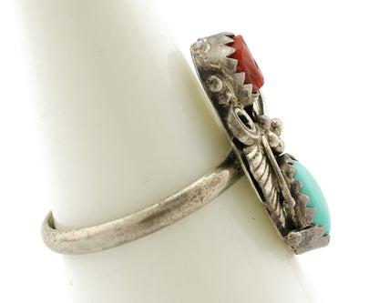 Navajo Ring 925 Silver Coral & Turquoise Handmade Native American Artist C.1980s