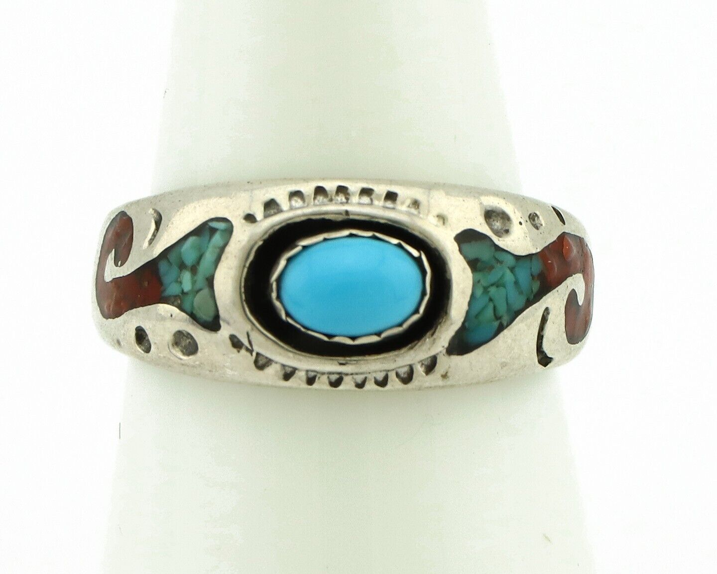 Navajo Handmade Ring 925 Silver Blue Turquoise & Coral Native American C.80's