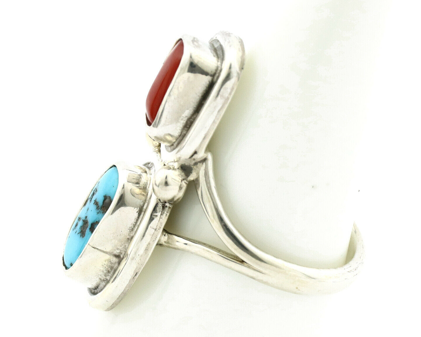 Navajo Ring .925 Silver Red Coral & Blue Turquoise Native Artist C.80's