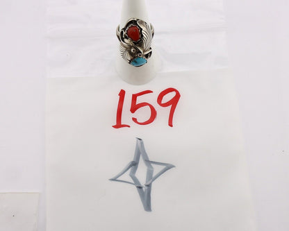 Navajo Handmade Ring 925 Silver Turquiose & Coral Artist Signed E C.80's