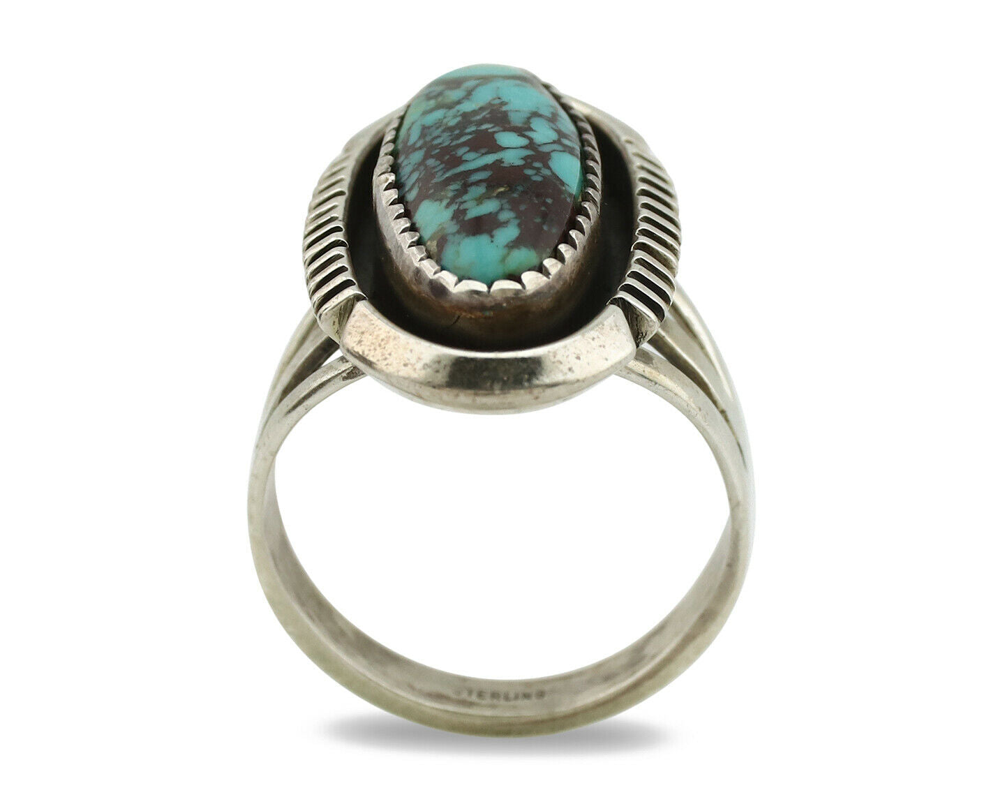 Navajo Ring .925 Silver Spiderweb Turquoise Artist Signed B C.1980's