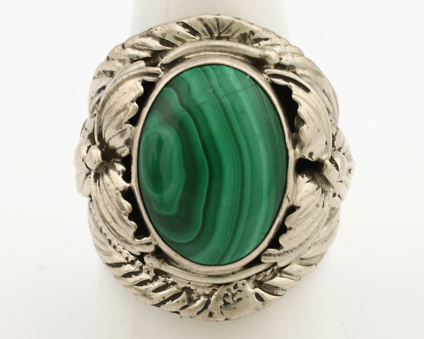 Navajo Ring .925 Silver Natural Green Malachite Artist Signed C.1980's