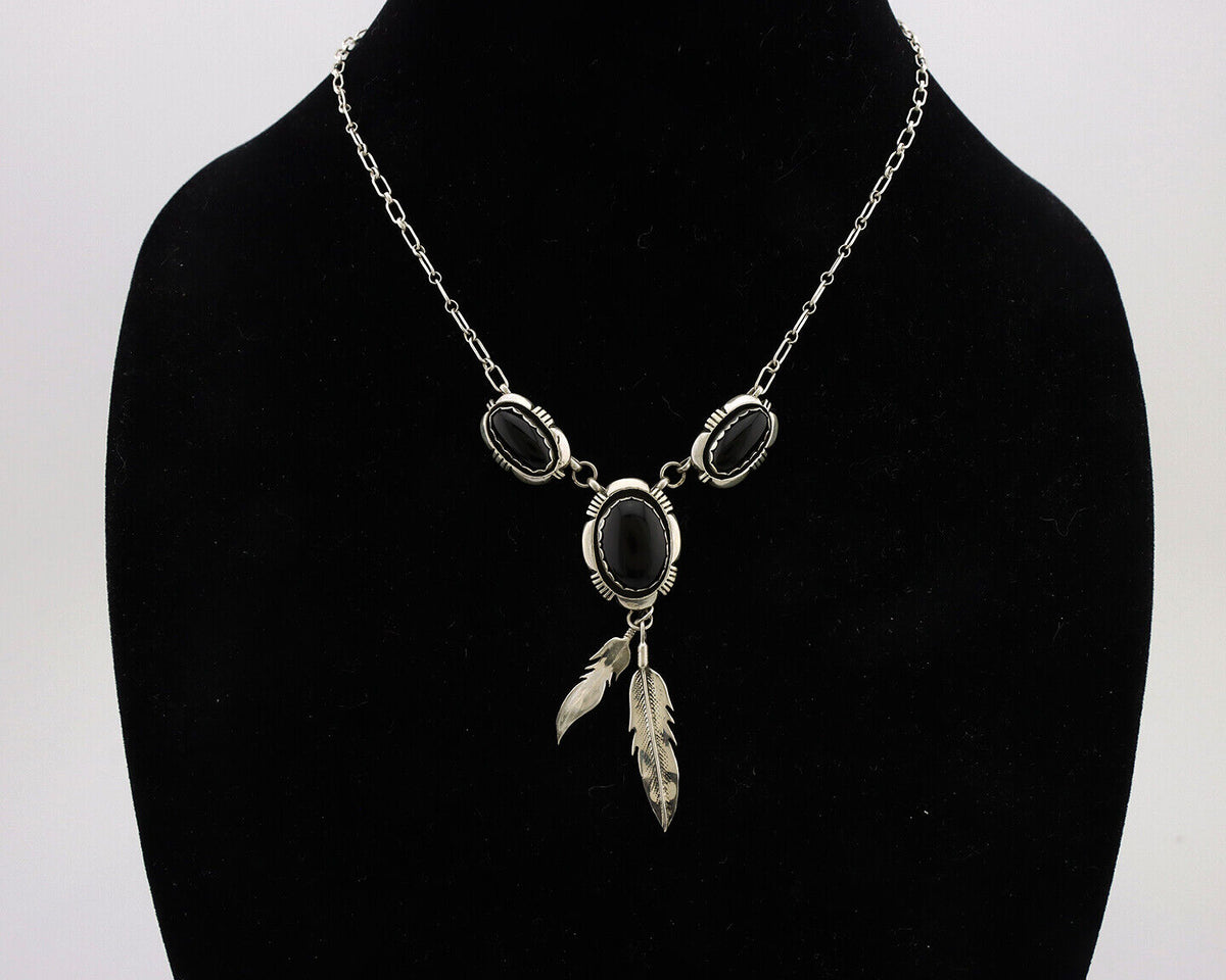 Navajo Necklace 925 Silver Black Onyx Signed Leonard & Marian Nez C.80's
