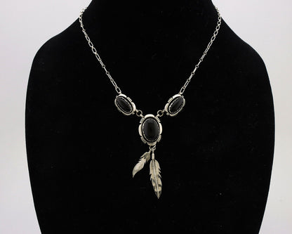 Navajo Necklace 925 Silver Black Onyx Signed Leonard & Marian Nez C.80's