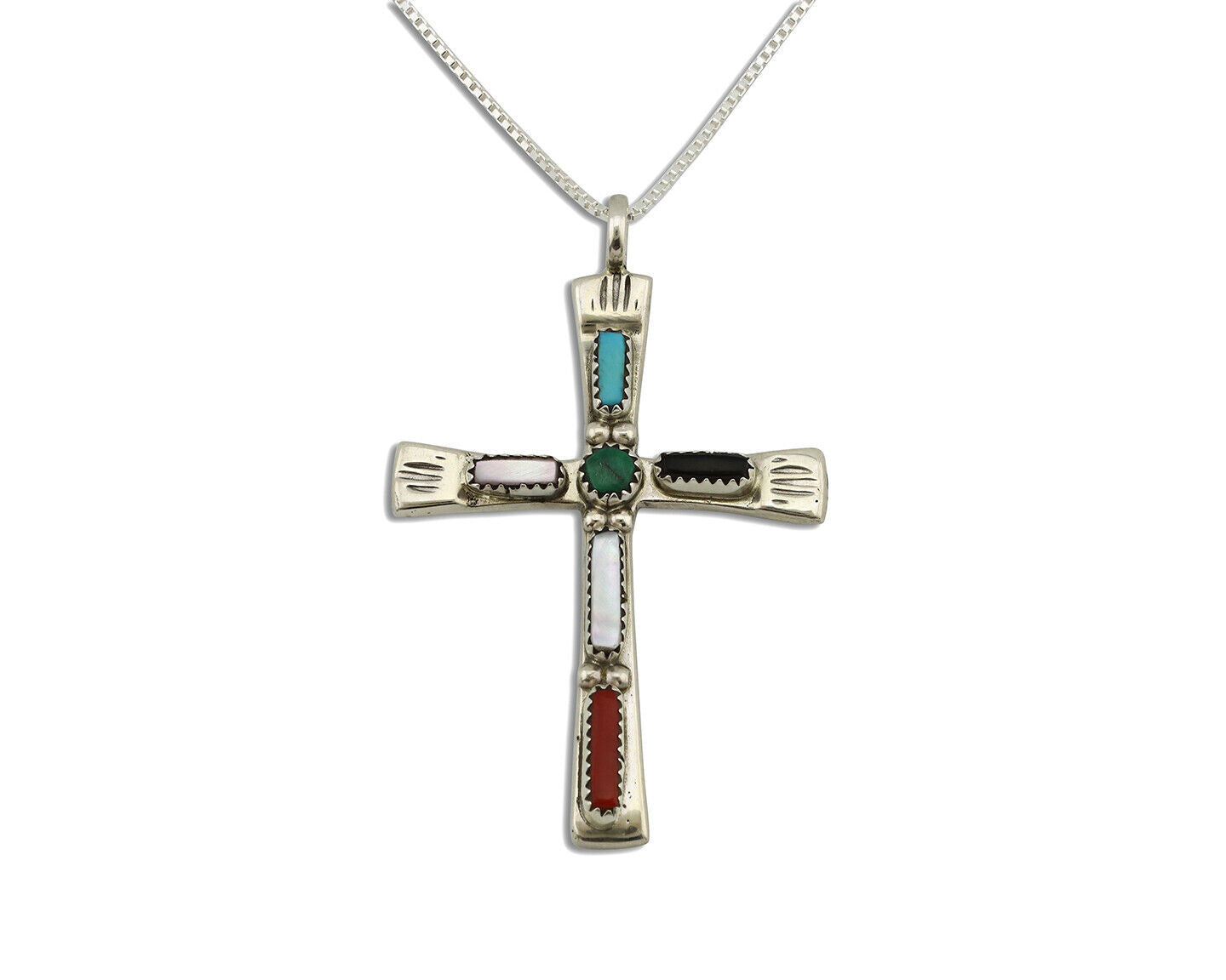 Zuni Handmade Cross Necklace 925 Silver Natural Gemstone Signed C. IULE C.80's