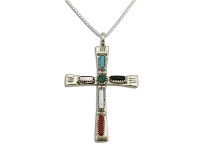 Zuni Handmade Cross Necklace 925 Silver Natural Gemstone Signed C. IULE C.80's