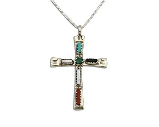 Zuni Handmade Cross Necklace 925 Silver Natural Gemstone Signed C. IULE C.80's