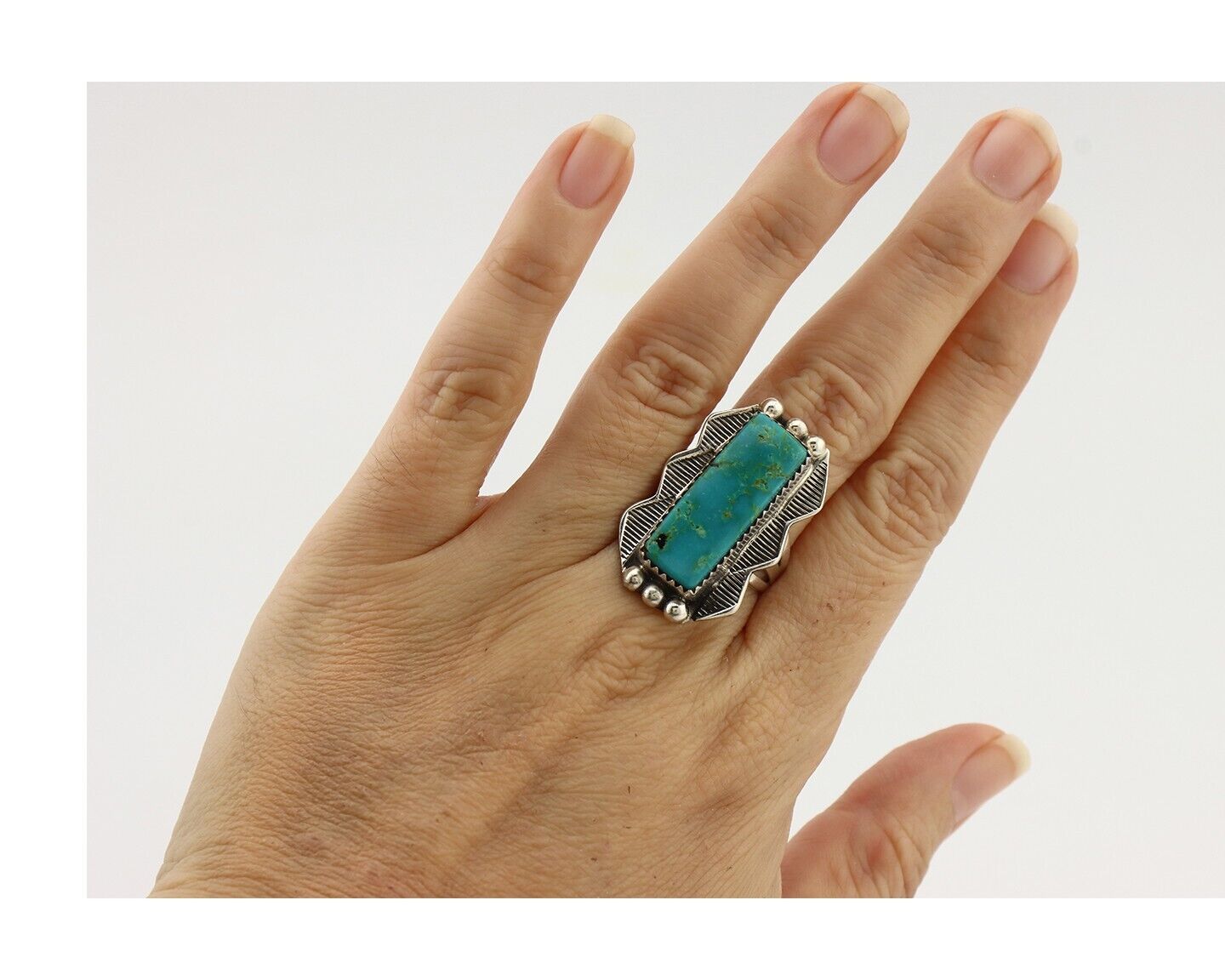 Navajo Ring .925 Silver Blue Gem Turquoise Artist Signed Spencer C.80's