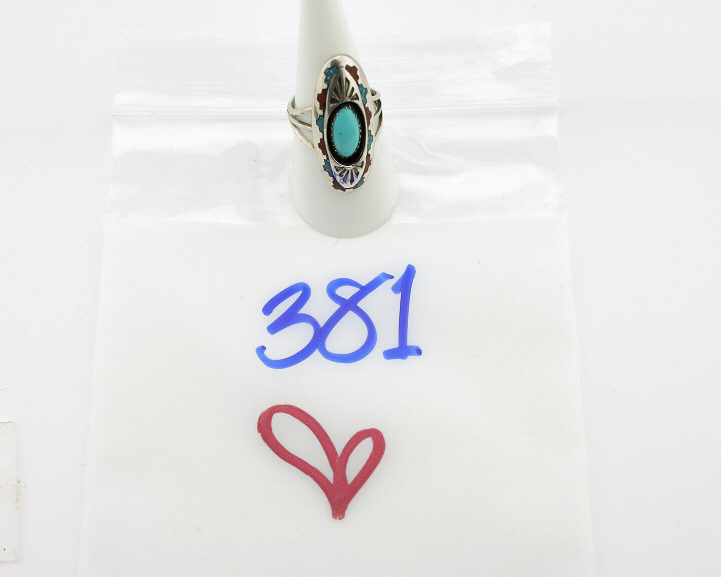 Navajo Ring 925 Silver Turquoise & Coral Signed Circle JW C.80s