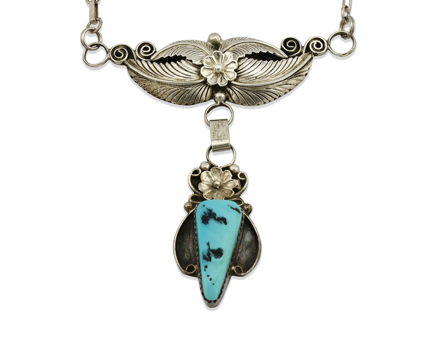Navajo Necklace .925 Silver Sleeping Beauty Turquoise Signed K C.80's
