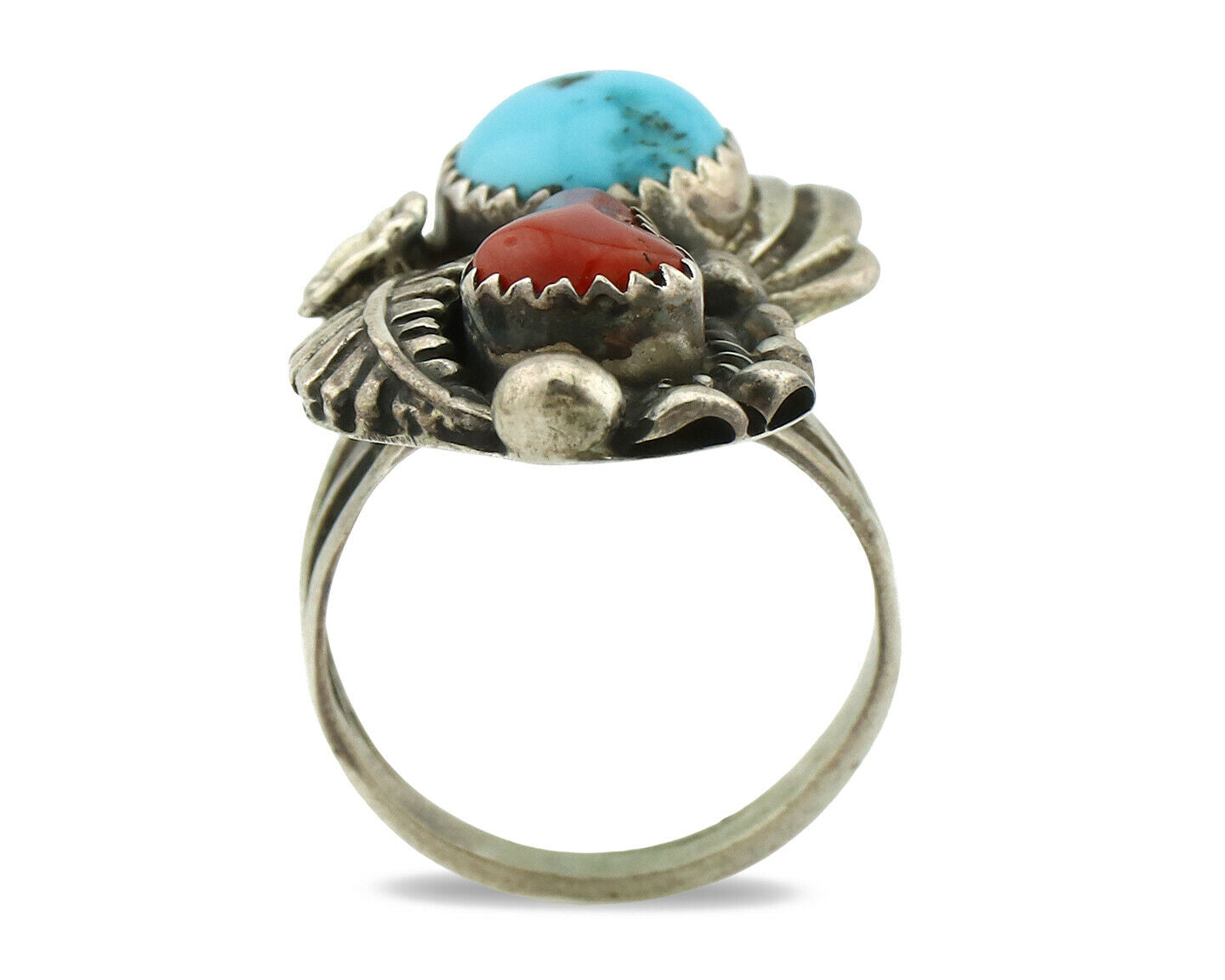 Navajo Ring .925 Silver Turquoise & Coral Artist Signed Thomas Singer C.80's