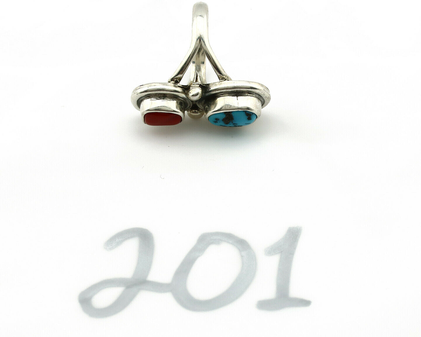 Navajo Ring .925 Silver Red Coral & Blue Turquoise Native Artist C.80's