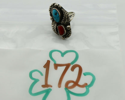 Navajo Ring .925 Silver Turquoise & Coral Artist Signed Thomas Singer C.80's