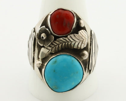 Navajo Ring 925 Silver Blue Turquiose & Mediterranean Coral Native Artist C.80's