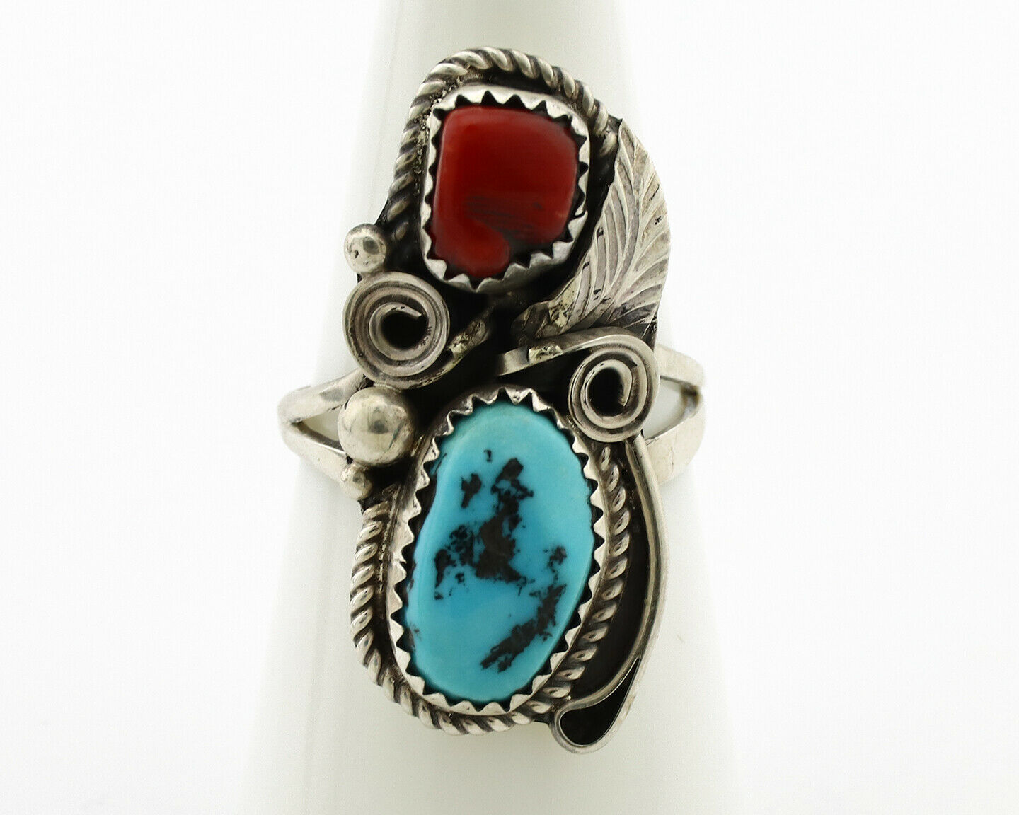 Navajo Ring .925 Silver Turquoise & Coral Artist Signed J Morris C.80's