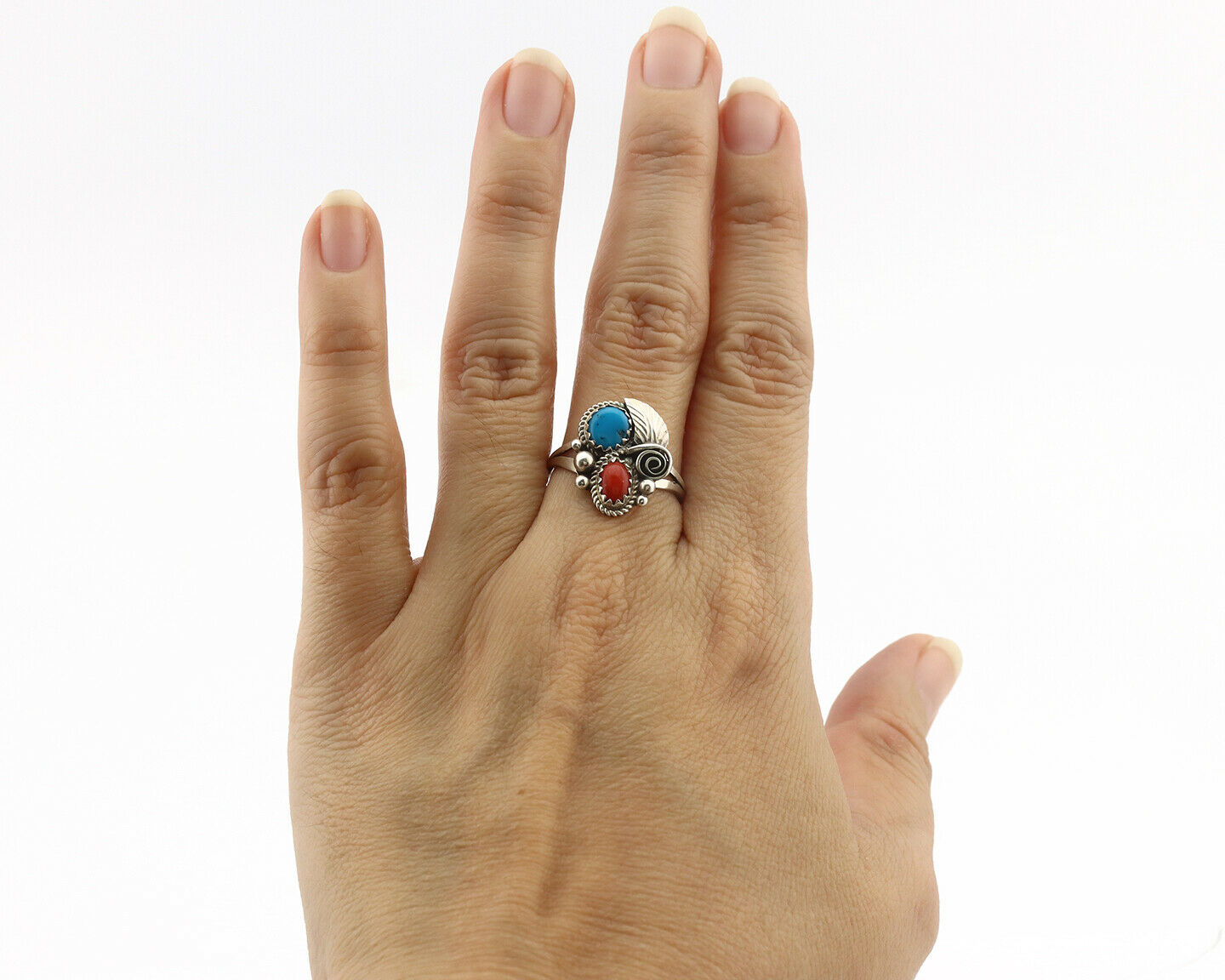 Navajo Ring .925 Silver Morenci Turquoise & Coral Native Artist Signed JM C.80's