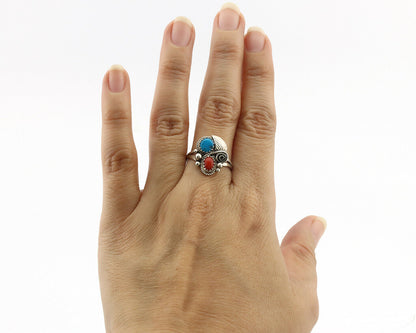 Navajo Ring .925 Silver Morenci Turquoise & Coral Native Artist Signed JM C.80's