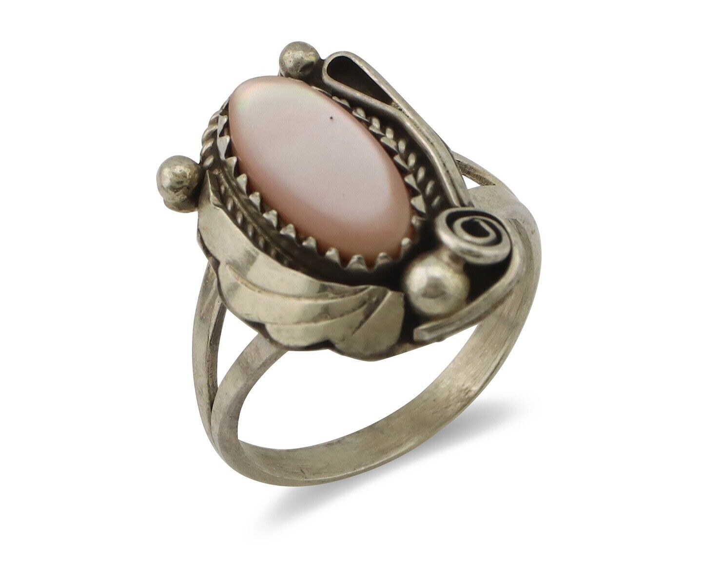 Navajo Ring .925 Silver Natural Pink Mussel Artist Signed Justin Morris C.80's