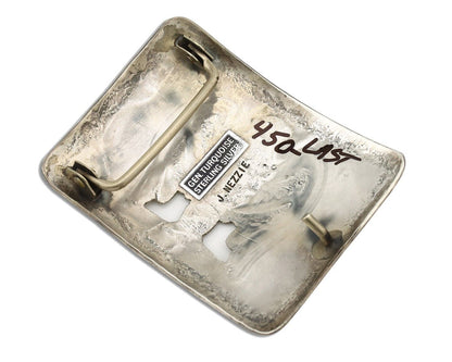 Navajo Belt Buckle 925 Silver Handmade Chip Inlay Artist Signed J. Nezzie C.80s