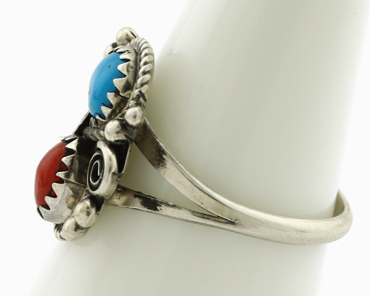Navajo Ring .925 Silver Morenci Turquoise & Coral Native Artist Signed JM C.80's