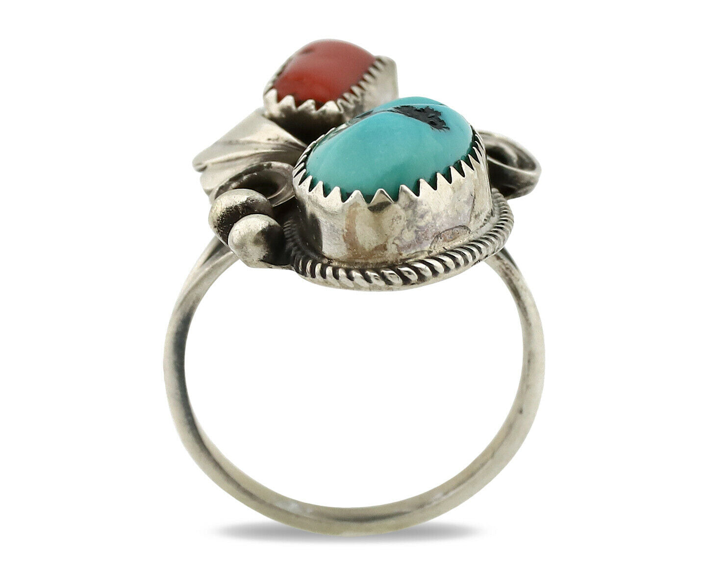 Navajo Ring .925 Silver Turquoise & Coral Artist Signed J Morris C.80's