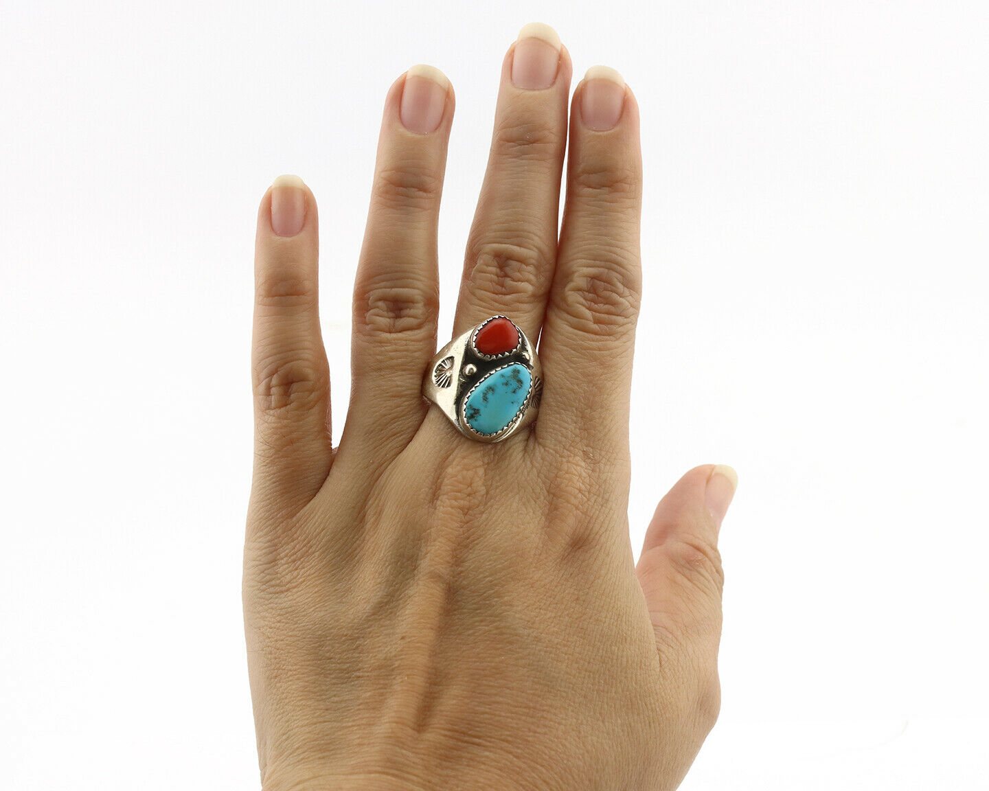 Zuni Ring .925 Silver Natural Turquoise & Coral Native American Artist C.1980's