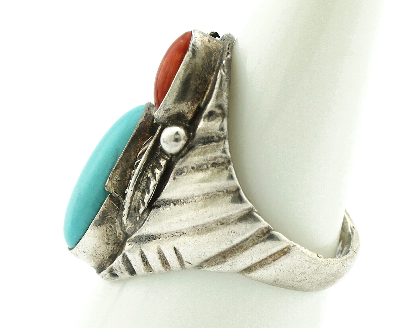 Navajo Ring 925 Silver Coral & Globe Turquoise Native American Artist C.1970's