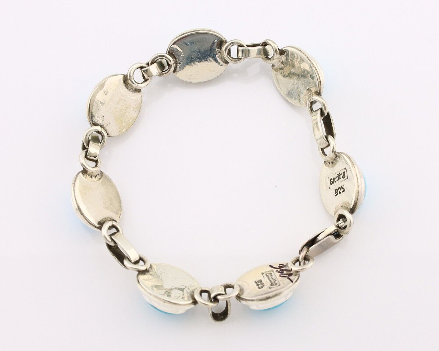 Navajo Link Bracelet .925 Silver Blue Turquoise Native American Artist C.80's