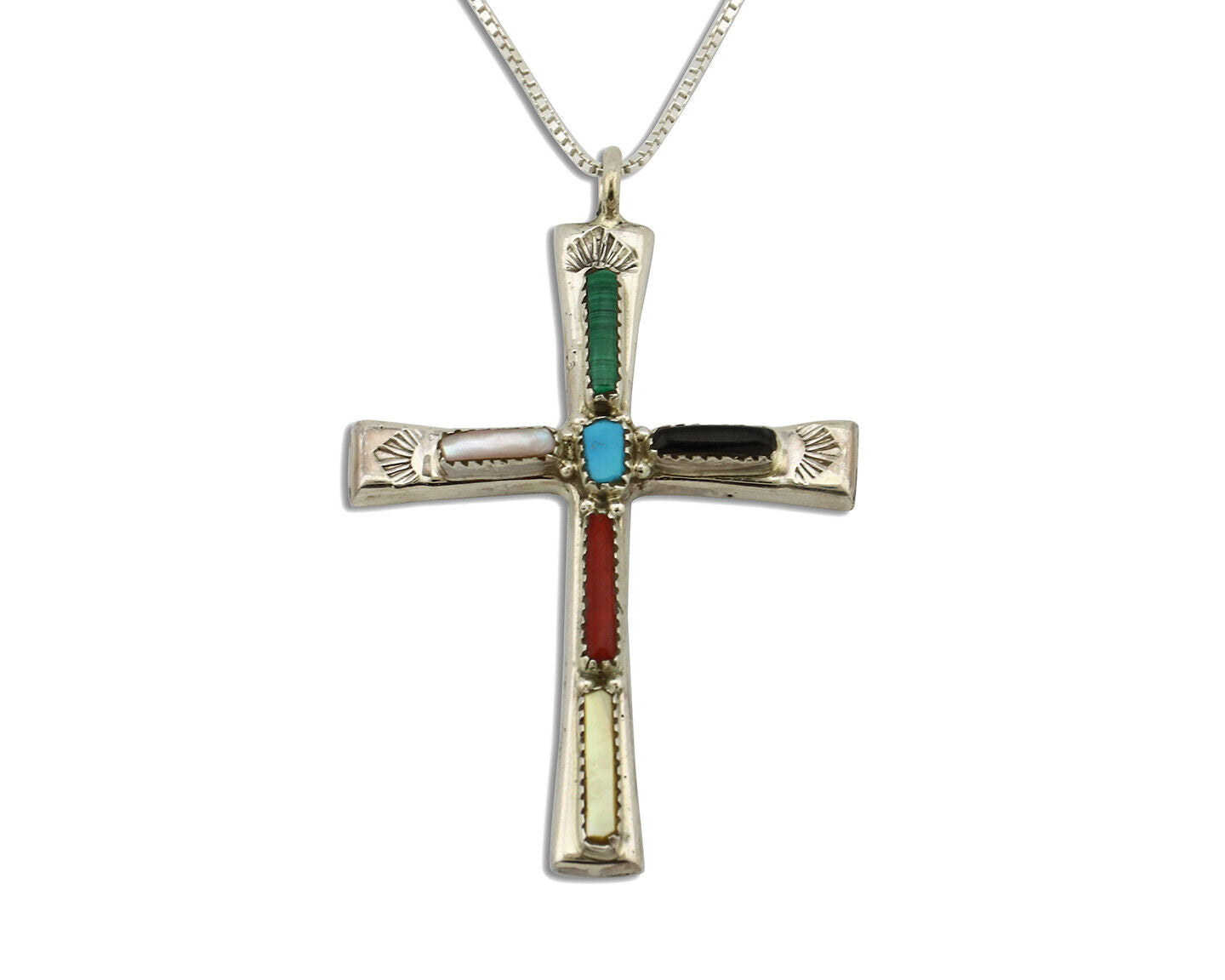 Zuni Handmade Cross Necklace 925 Silver Natural Gemstone Signed L. IULE C.80's